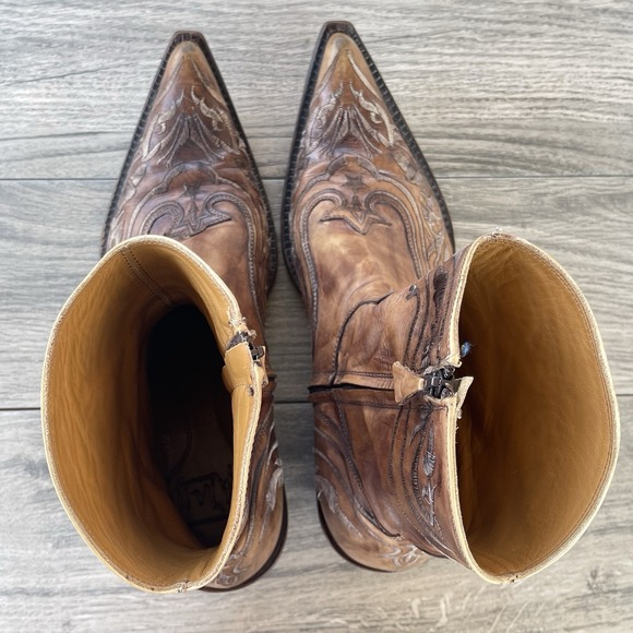 Damy Cowboy Ankle Boots Men 10/ 43 Brown Leather Embroidered Side Zip Italy Made - Picture 13 of 15